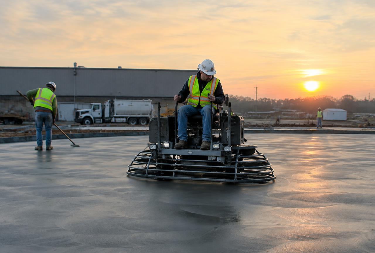 Crew power-troweling a large commercial concrete slab at sunrise