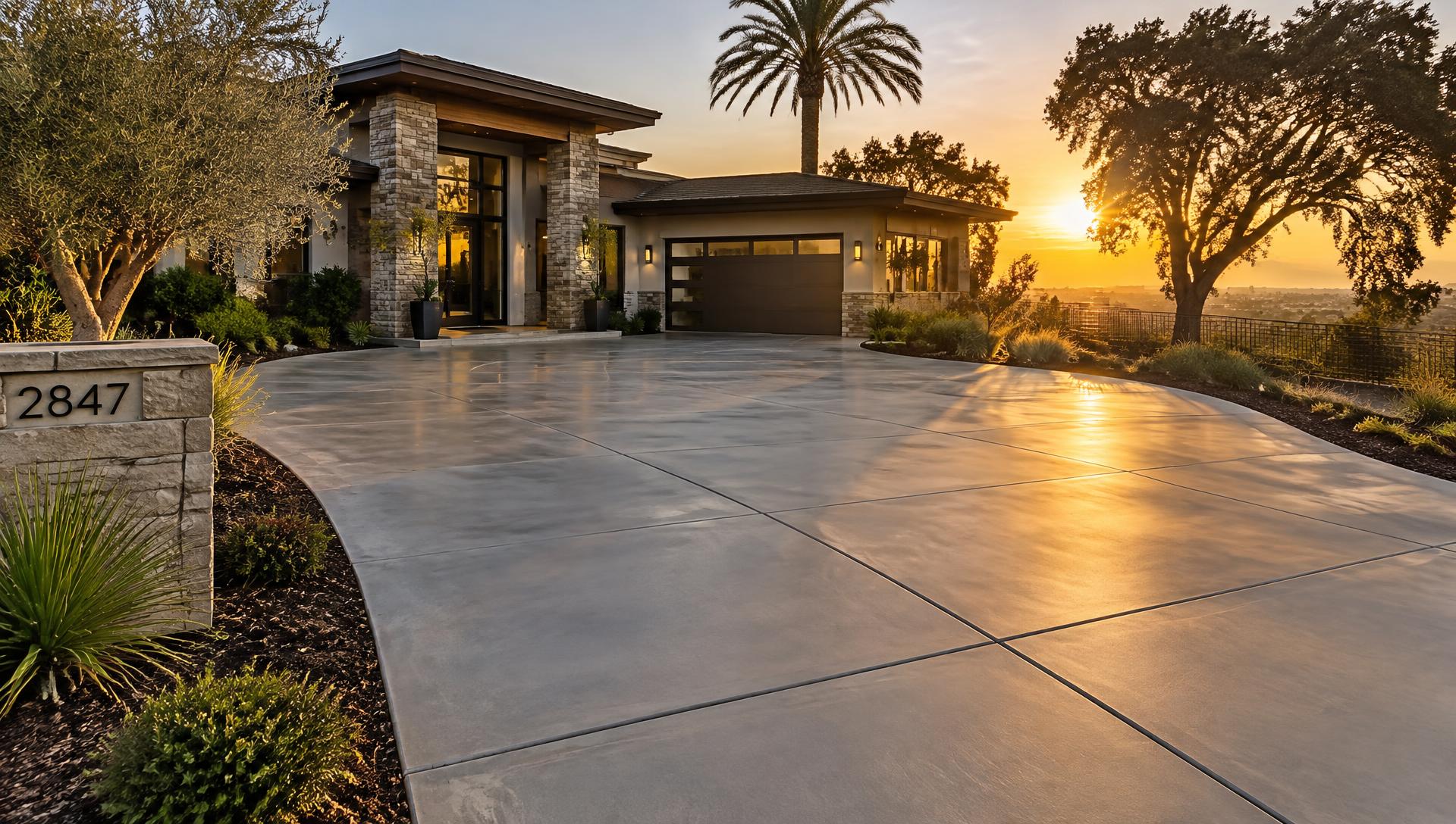 Newly poured concrete driveway at a Sacramento home in golden evening light