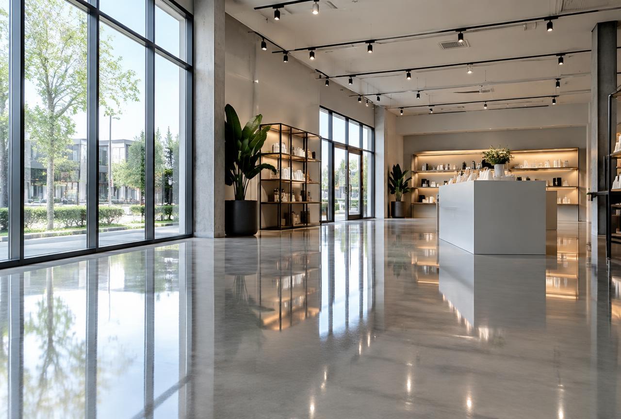High-gloss polished concrete floor in a bright modern retail interior