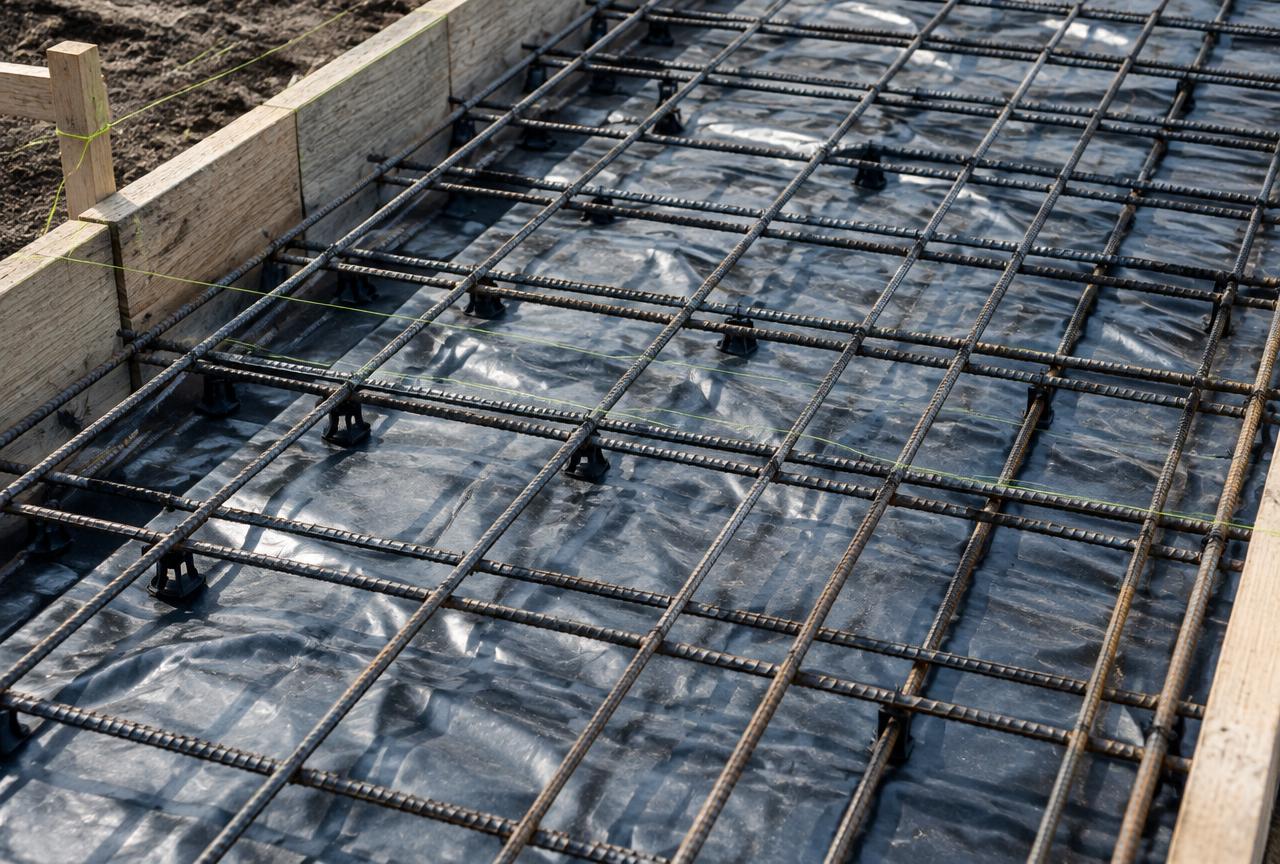 Rebar mat and vapor barrier set over compacted subgrade before a foundation pour