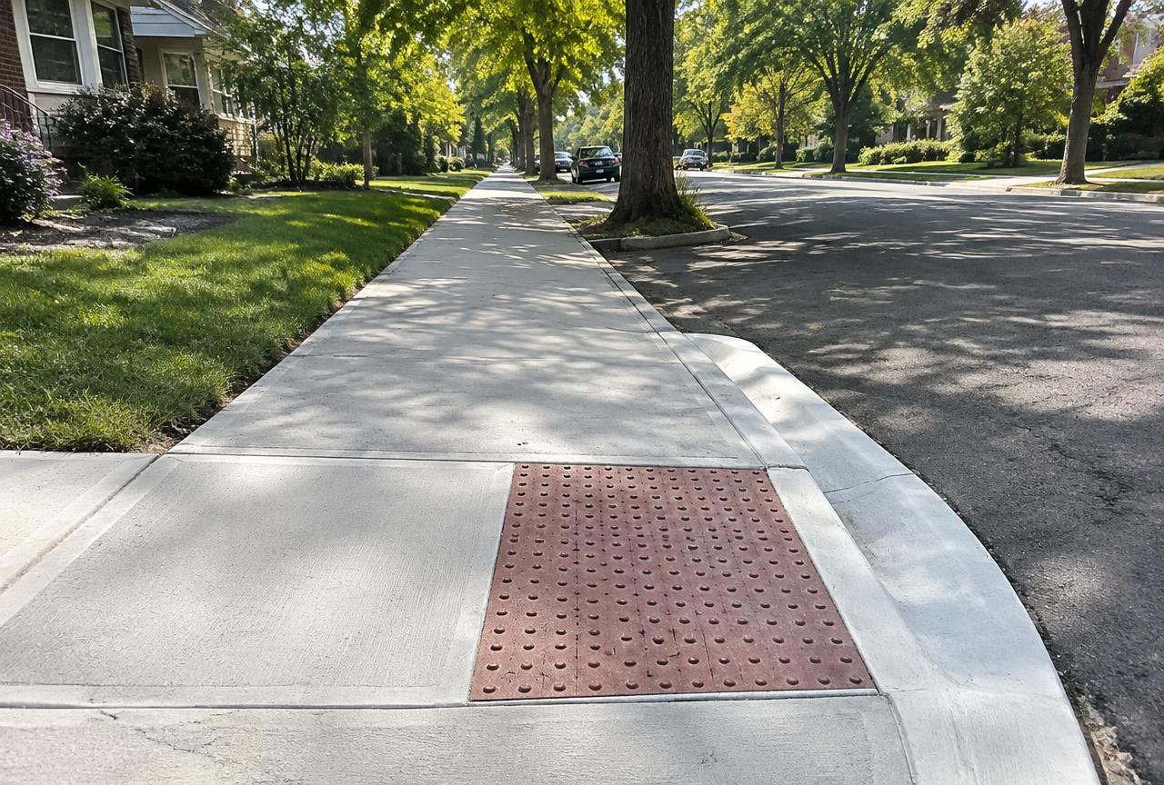 New concrete sidewalk with curb ramp and detectable warning panel