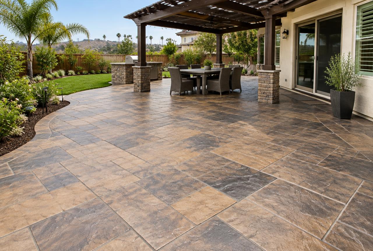 Stamped ashlar slate concrete patio with pergola in a Sacramento backyard